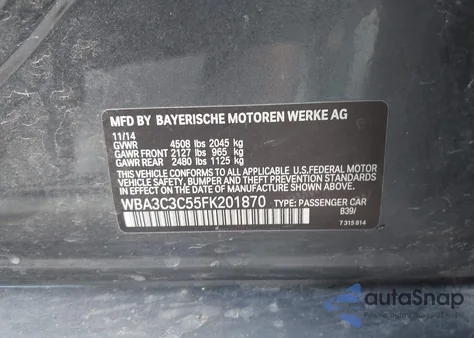 2015 BMW 320I xDrive из США, поврежденный, VIN WBA3C3C55FK201870